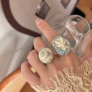 Bohemian Vacation Style Snail Seashell Wide Edition Round Ring French Ins Light Luxury Flash Diamond Handmade Ring Ring