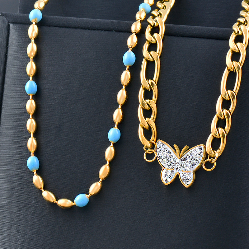 Fashion Butterfly Titanium Steel Inlay Inlaid Gold Artificial Gemstones Necklace 1 Piece
