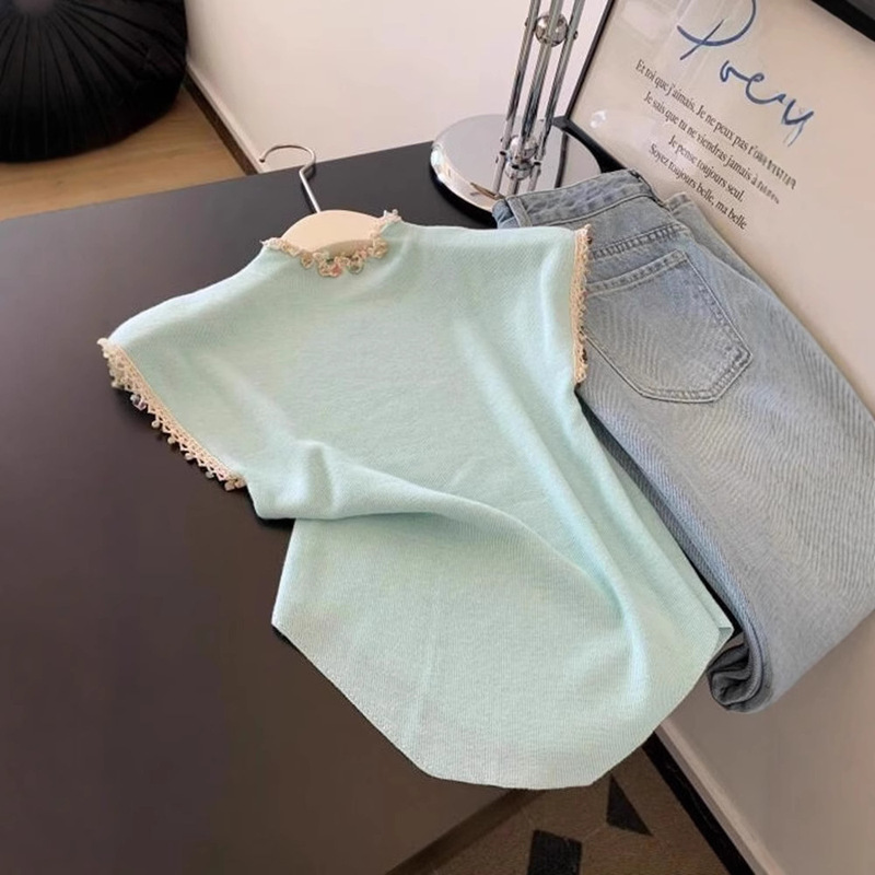 2025 Summer New Dopamine-Inspired Stunning Top, Youthful and Fashionable Mint Green Lace Trim Knit T-Shirt 2025 Summer New Dopamine-Inspired Stunning Top, Youthful and Fashionable Mint Green Lace Trim Knit T-Shirt