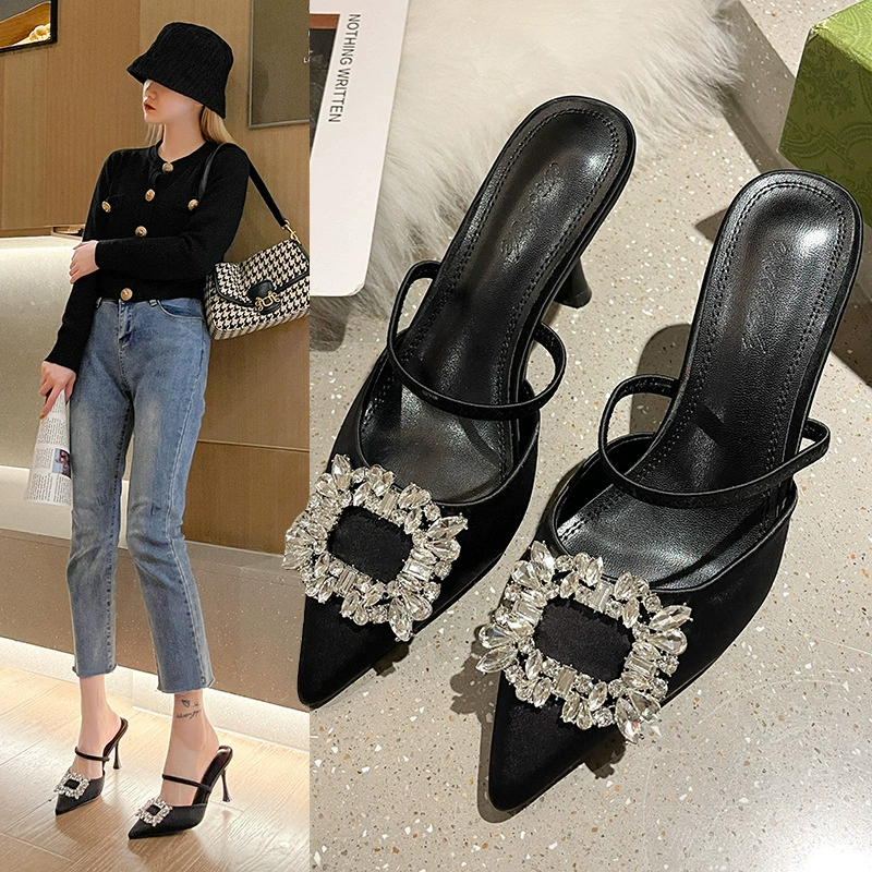 Женская обувь ZA 2022 Весна и лето Новое поступление со стразами и пряжкой с острым носком Сандалии на тонком каблуке Однослойные туфли на высоком каблуке Mueller Женские Тапочки