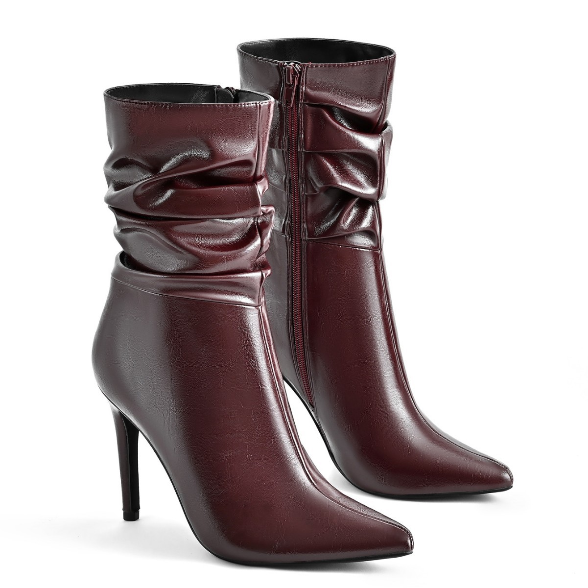 Autumn and Winter New European and American Cross-Border Women's Mid-Calf Leather Slimming Wrinkled Boots Pointed Toe Stiletto High Heel Ankle Boots