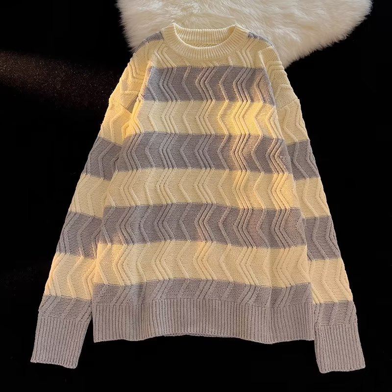 Herren Strickpullover Gestreift Retro Rundhals College Stil_voghion.com