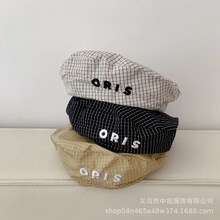 韩版儿童帽子时尚字母刺绣格子贝雷帽男女童宝宝出游百搭画家帽潮
