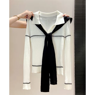 品质针织衫上衣女秋冬季新款修身套头打底毛衣韩系拼色线条POLO领