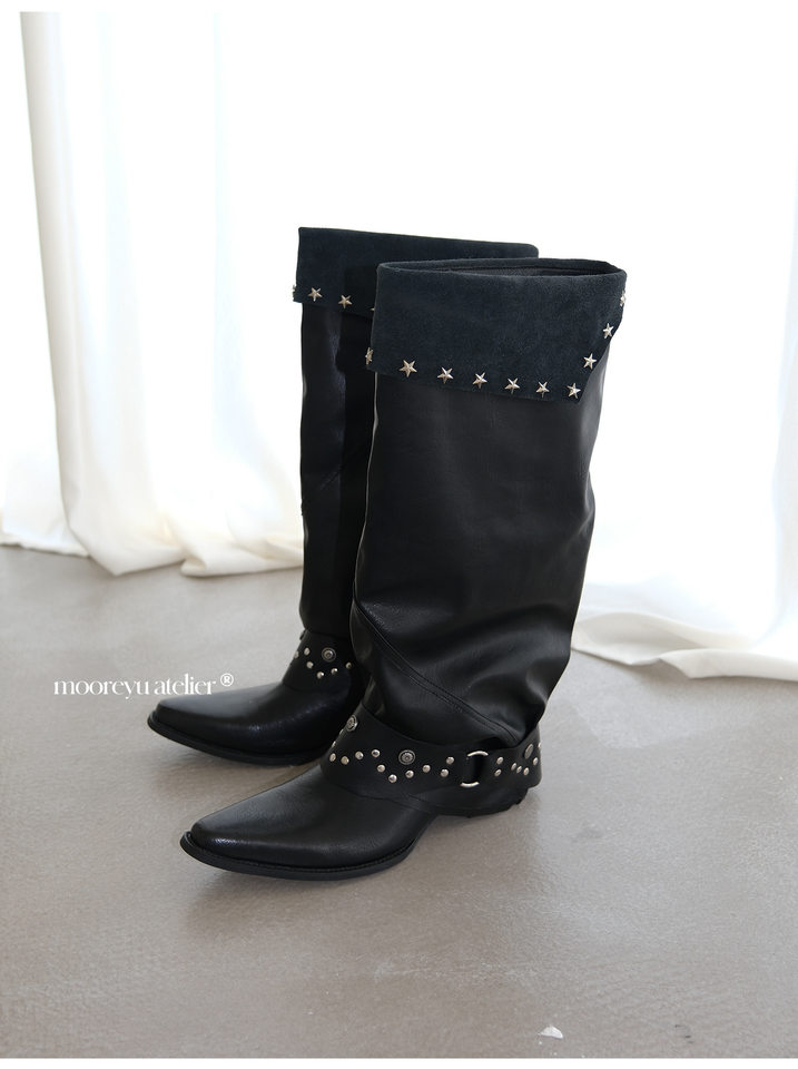 Bốt cao cổ nữ da bò mũi nhọn gót 4,5 cm thiết kế xếp ly — Màu đen (chiều cao gót 4,5cm) có sẵn hàng chi tiết 26