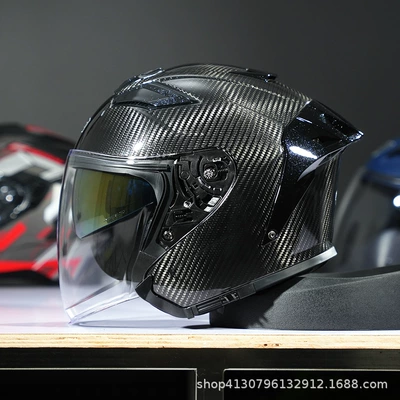 AR Motorcycle Helmet Ultra Light Carbon Fiber 3/4 Helmet Electric Vehicle Half Helmet Motorcycle 3/4 Helmet Lightweight Summer (Motosiklet kaskı (dəbilqə)) - 3k-bright-black-transparent-lens-m