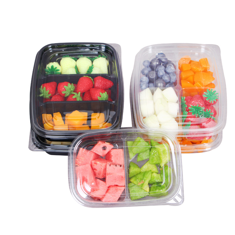 Plato de caja de fruta desechable de plástico rejilla transparente embalaje de corte de fruta rectangular ensalada de corte de fruta ahora caja con tapa