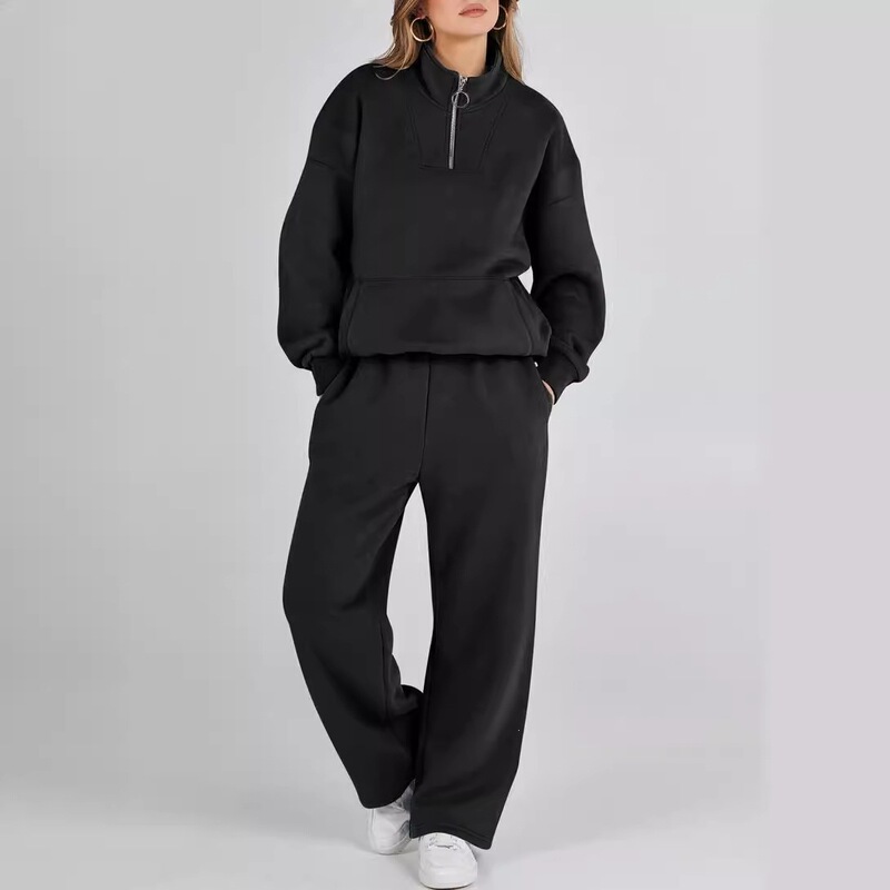 Trendy Cross-Border Loose Ribbed Sweatshirt Set Autumn and Winter New Solid Color Pocket Zipper Sports Two-Piece Set for Women Brown Trendy Cross-Border Loose Ribbed Sweatshirt Set Autumn and Winter New Solid Color Pocket Zipper Sports Two-Piece Set for Women Brown