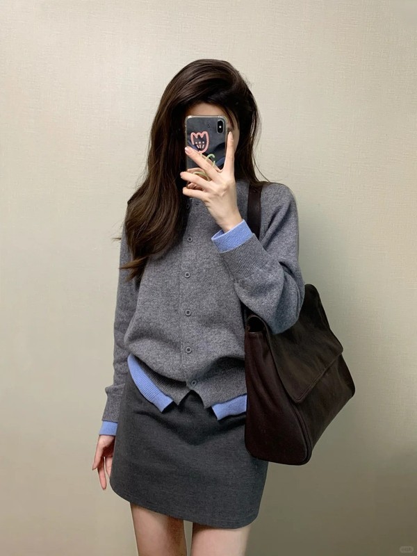 慵懒风撞色毛衣女早秋复古学院风宽松假两件灰蓝拼色针织开衫外套|undefined