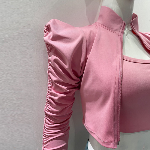 Women's Yoga Set for Autumn/Winter - Puffer Long-Sleeve Zipper Jacket and Athletic Pants for Fitness and Body Shaping