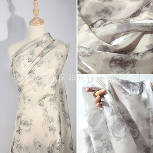 Ink Rose Thin Micro-transparent Rice Apricot Black Grey Printed Hemma Fabric Hanfu dress Curtain Diy Fabric