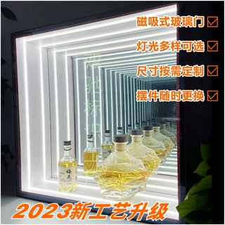 2023展示柜千层镜背景墙酒吧霓虹灯手办镜设计定制模型钢化玻璃