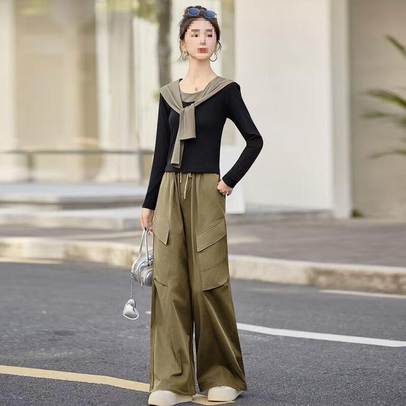 时尚休闲风套装女2025秋新款洋气拼色舒适设计感工装阔腿裤两件套|undefined