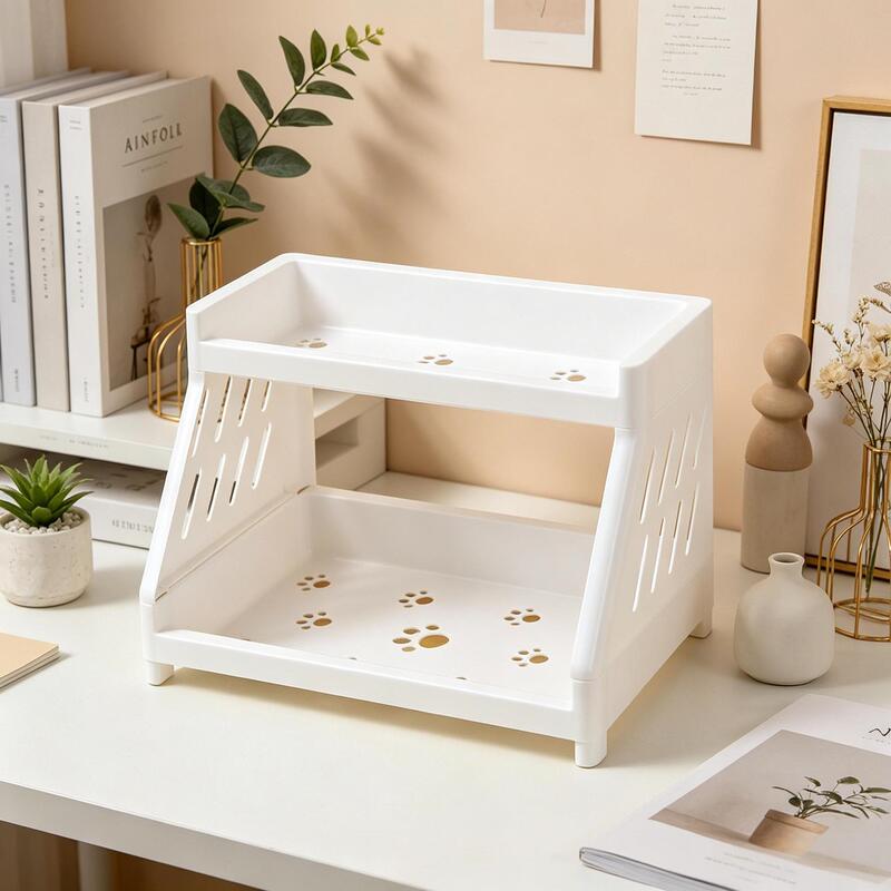 Cute Cat Paw Desktop Storage Rack Double-Layer Plastic Storage Rack Bathroom Kitchen Multi-Functional Sundries Storage Rack