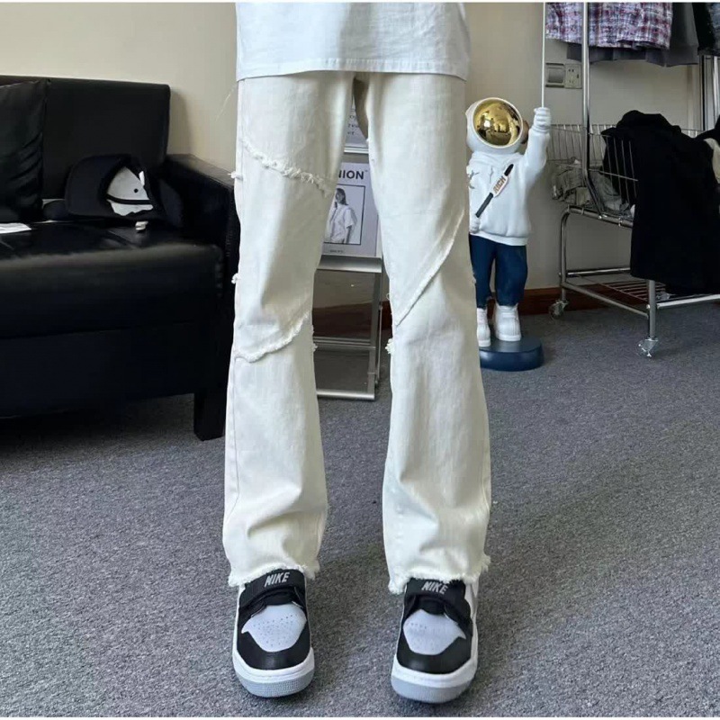 creamy-white Jeans Men's Autumn 2023 New Straight Slim American High Street White Micro Horn Pants