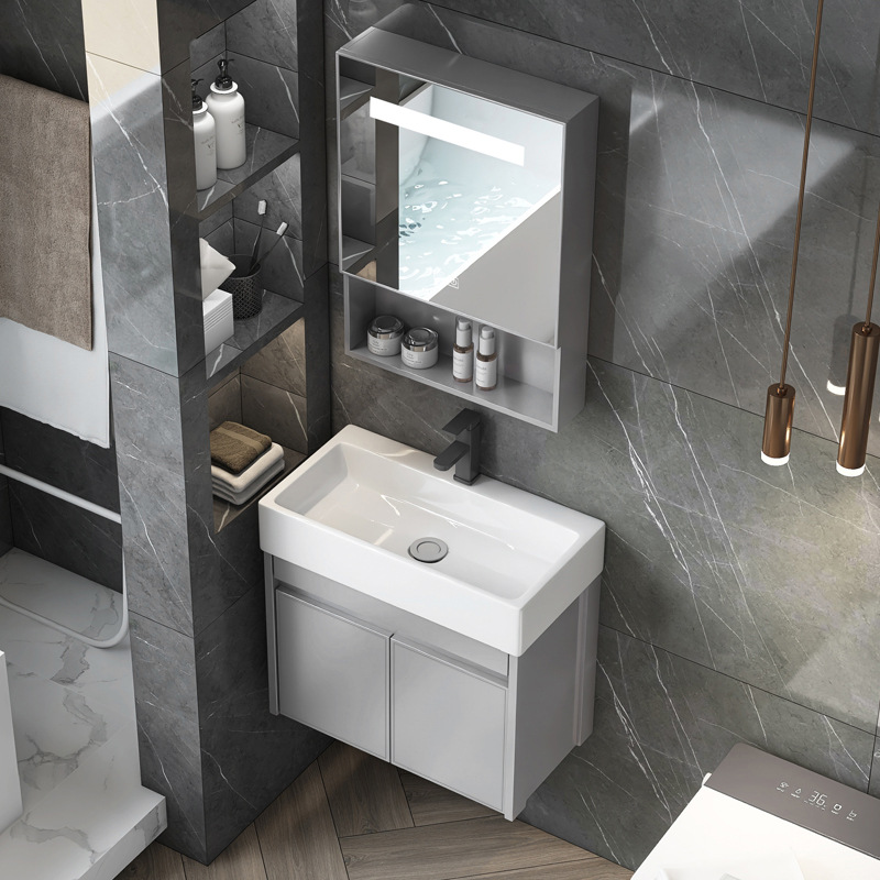 gabinete de baño de aleación de aluminio espacial de casa pequeña gabinete de lavabo de baño gabinete de lavabo de cerámica integrada