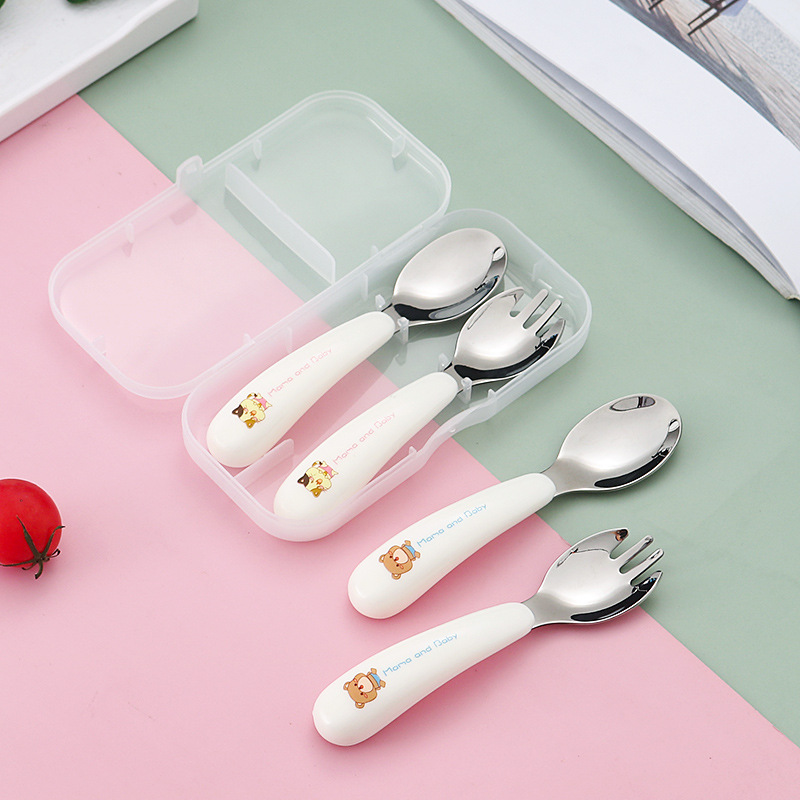 304 acero inoxidable niños cubiertos portátiles juegos de dibujos animados cuchara tenedor cuchara de entrenamiento para bebés cuchara tenedor casera