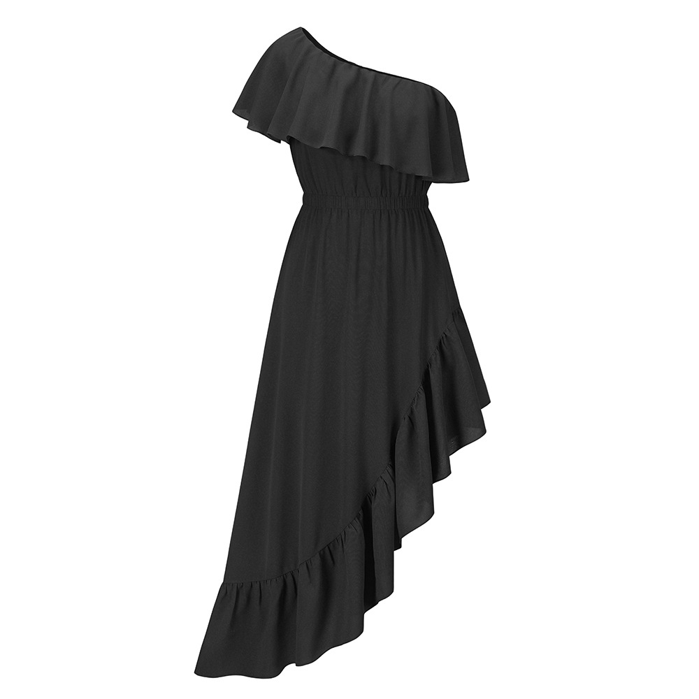 Sloping shoulder ruffle irregular solid color dress NSHYG118143