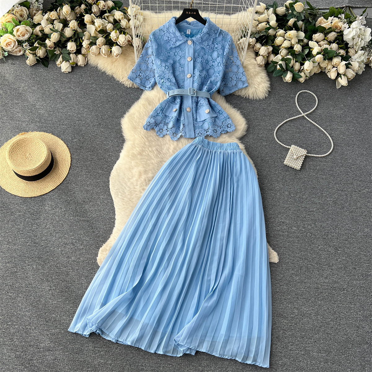 Damen Zweiteiliges Set Aus Kurzarmbluse Und Plisseerock Für Den Sommer_voghion.com