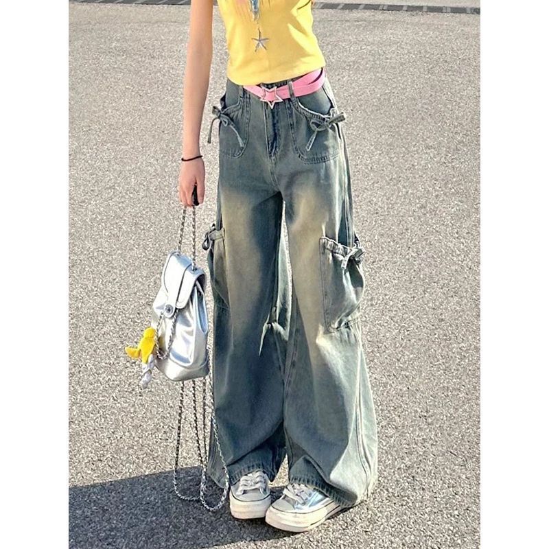 女性用のトレンディなマルチポケットボウタイワークジーンズ、新しいハイウエストルーズストレートレッグ多用途ワイドレッグフロアレングスパンツ|undefined