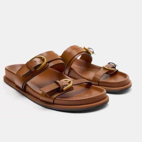 2024 Summer New Women's Sandals with Toe Post and Buckle Decoration, Casual Flat Sandals with Thick Soles and One Straps