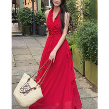MENGXIANG ▏度假法式经典红色收腰连衣裙优雅减龄荷叶边设计长裙