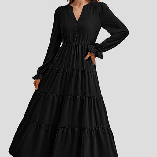 2025 European and American Cross-Border Tume Foreign Trade New Autumn Long Dress with Long Sleeves, V-Neck, Layered Ruffles, Elegant