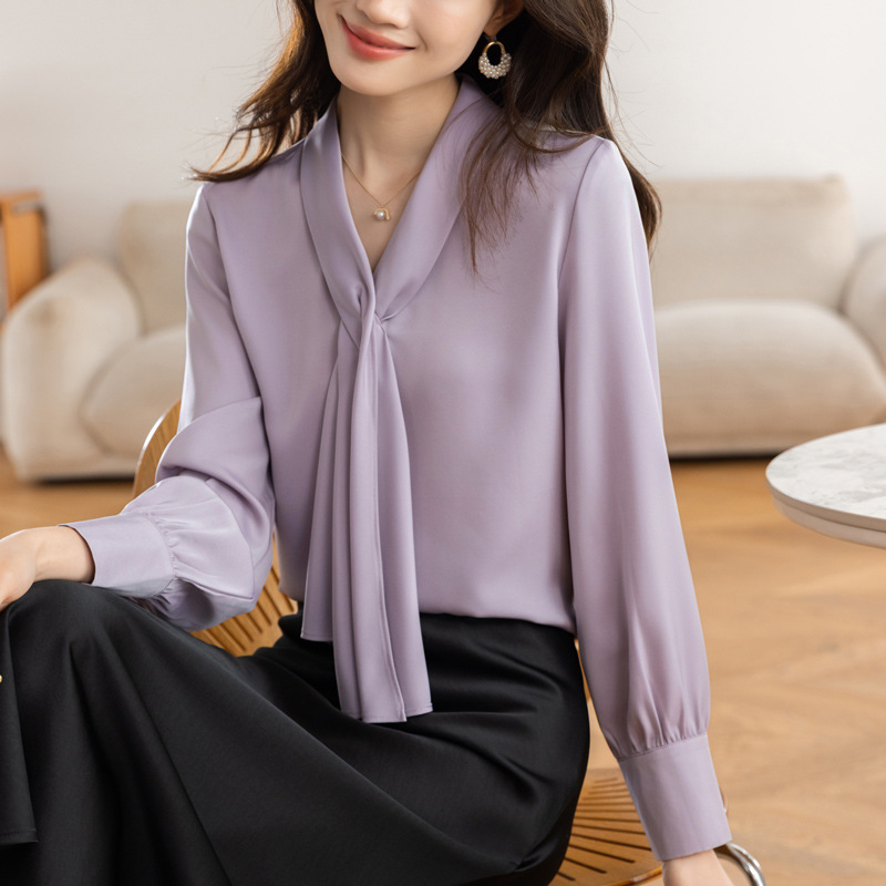 Acetate V-Neck Silk Shirt for Women 2025 Autum New Satin Professional No-Iron Elegant Ribbon Mulberry Silk Top