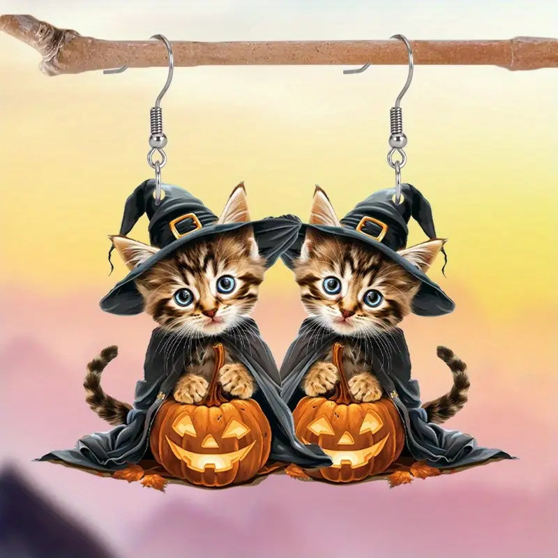 越境新品ハロウィンパーティーかわいい魔法の子猫かぼちゃアクリルピアスクリエイティブデザインセンスピアス|undefined