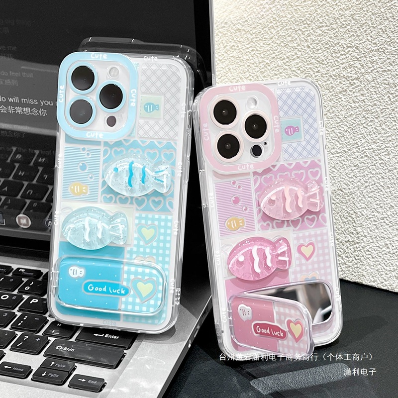 ブルーチェック柄の魚ミラーブラケットケース Apple 13 携帯電話ケース 15/16pro Huawei oppo Xiaomi vivo に適しています|undefined