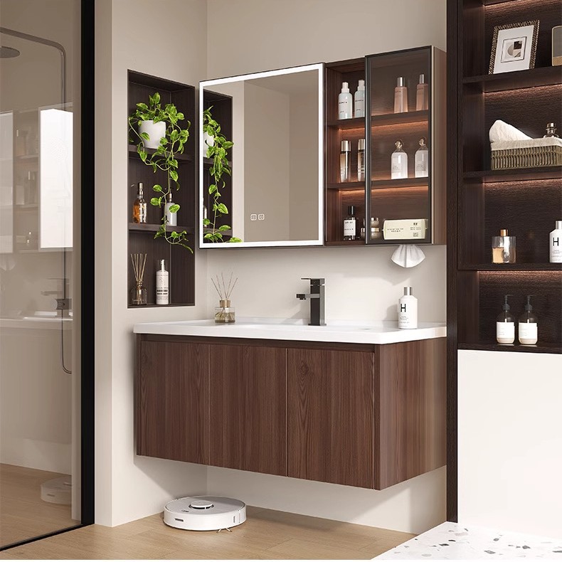 Abeja de collar de madera de nuez gabinete de baño combinación de madera cerámica inodoro todo en uno lavabo lavabo gabinete lavabo