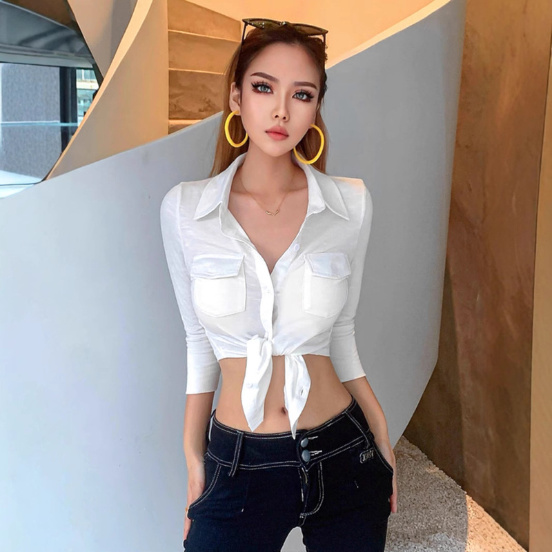 [Factory Outlet] European and American style women's summer college style fashion lapel buckle twist waist long sleeve shirt