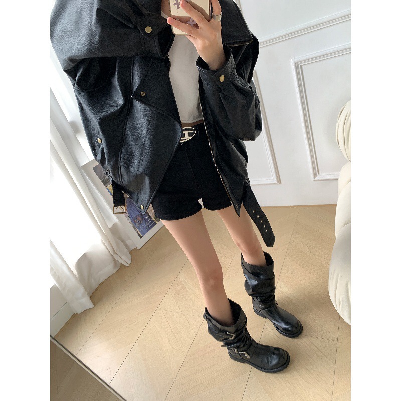 牛皮版小众设计大筒围不过膝长靴女褶皱堆堆靴圆头高筒靴子骑士靴|undefined