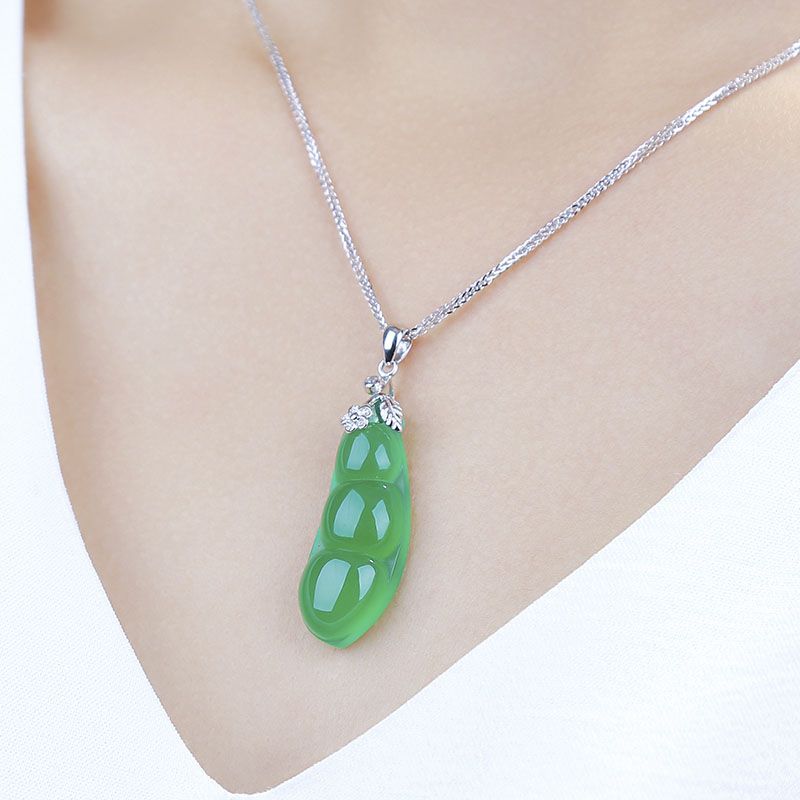 Dây chuyền bạc sterling nữ mặt dây chuyền đá chalcedony hình hạt đậu bốn mùa