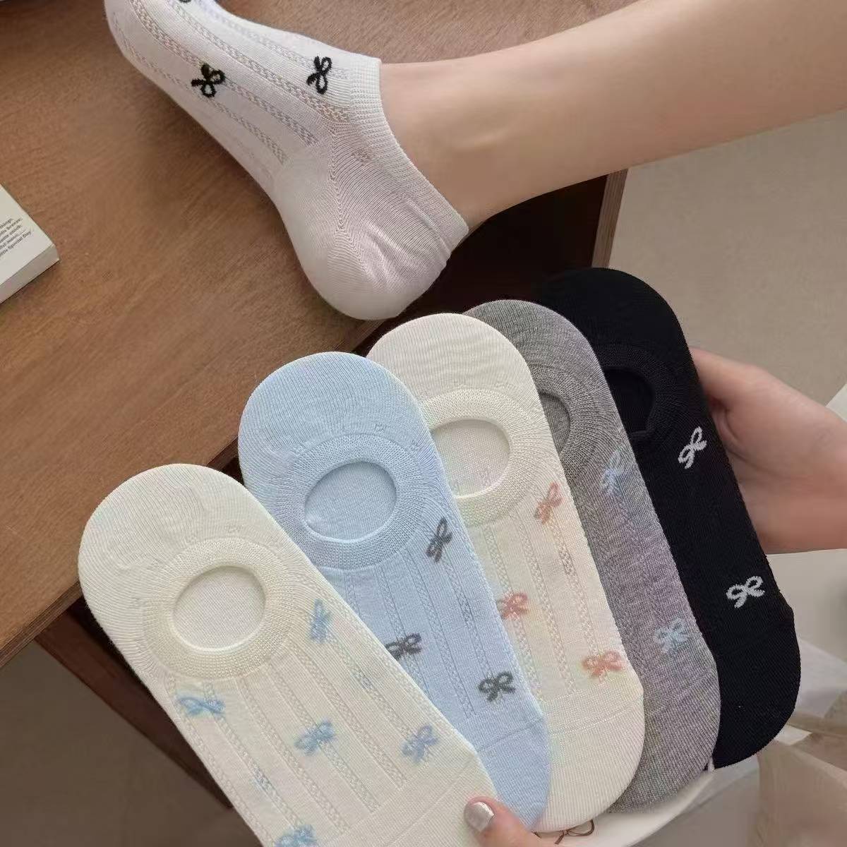 网眼蝴蝶结隐形袜子硅胶不掉跟棉袜夏季船袜无骨女透气轻薄