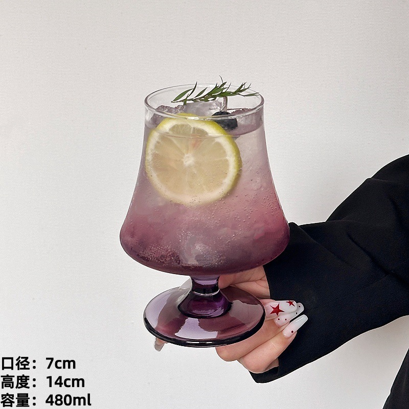 Tazas de vidrio de pies altos creativas de alta calidad de tazas de agua de burbujas de jugo de niñas, tazas de cóctel de vinos de mezcla de sabor púrpura