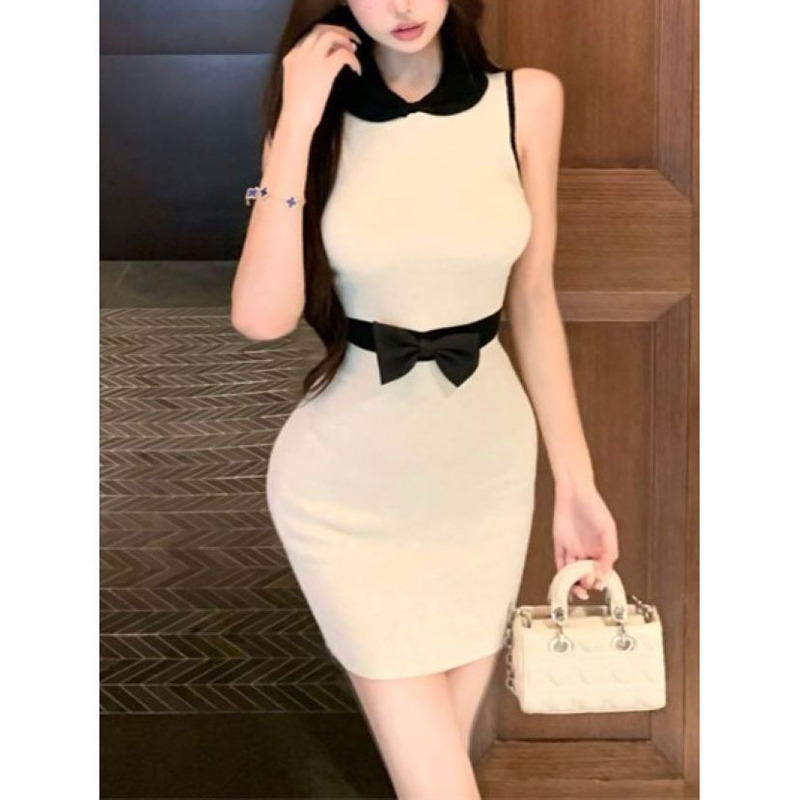 气质小香风蝴蝶结收腰包臀裙女夏季新款甜美娃娃领减龄无袖连衣裙|undefined