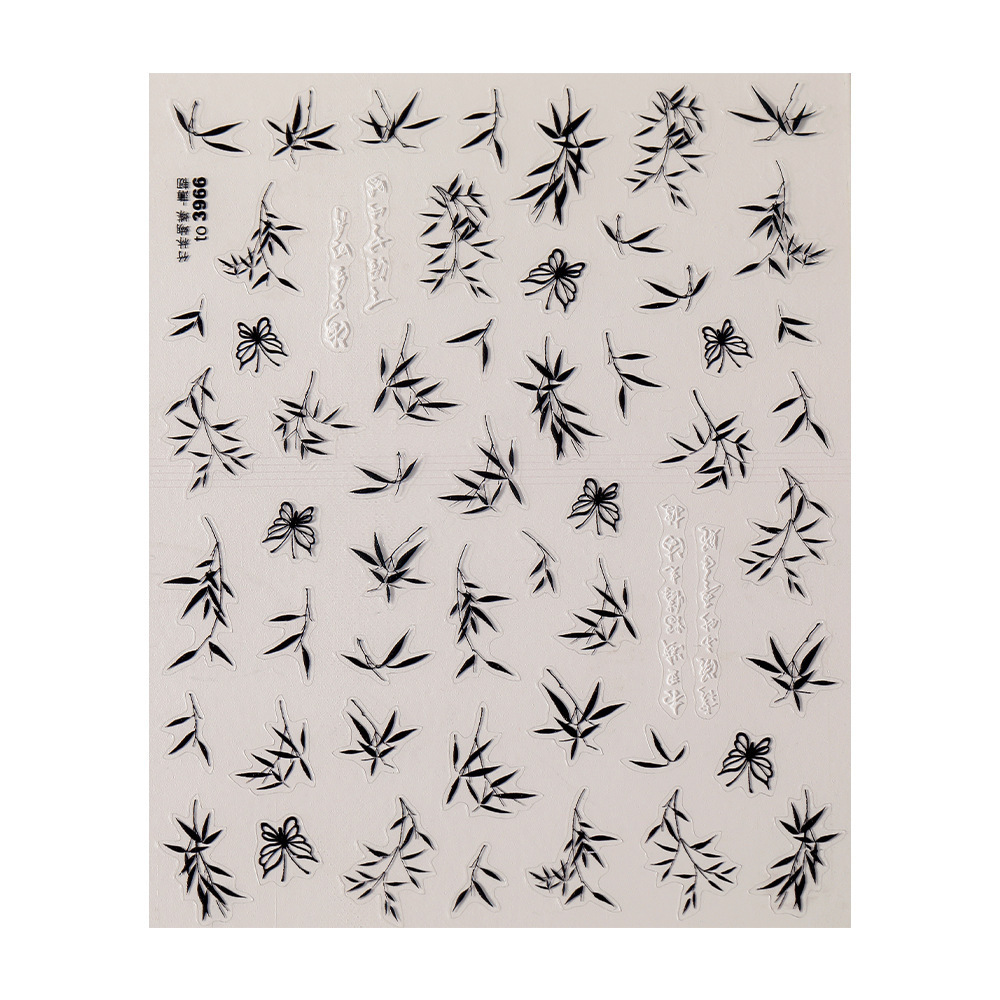 China flor de bambú mariposa pegatinas de uñas en línea explosión de tinta bambú hoja de bambú blanco y negro pegatinas de uñas pegatinas de uñas