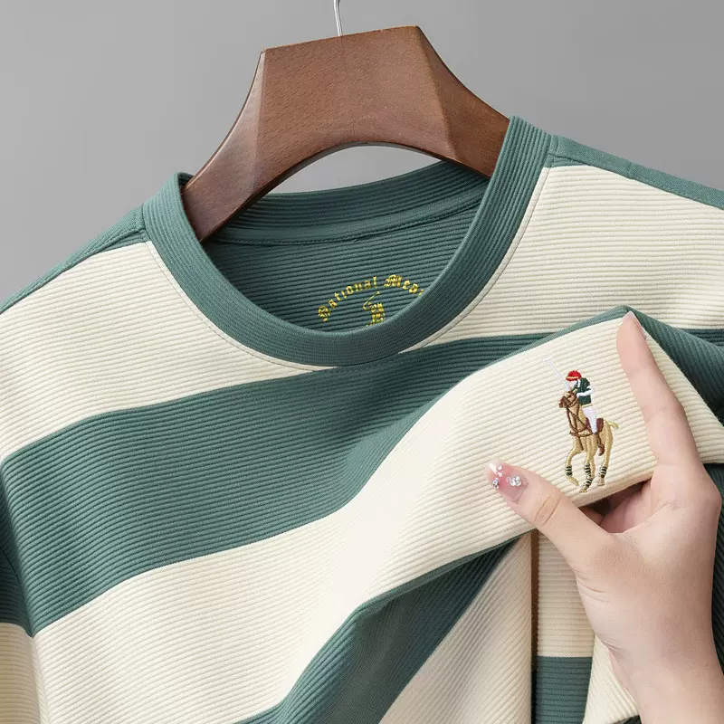 色织条纹男士圆领套头长袖保罗衫休闲小马标体恤海魂衫上衣T恤衫a