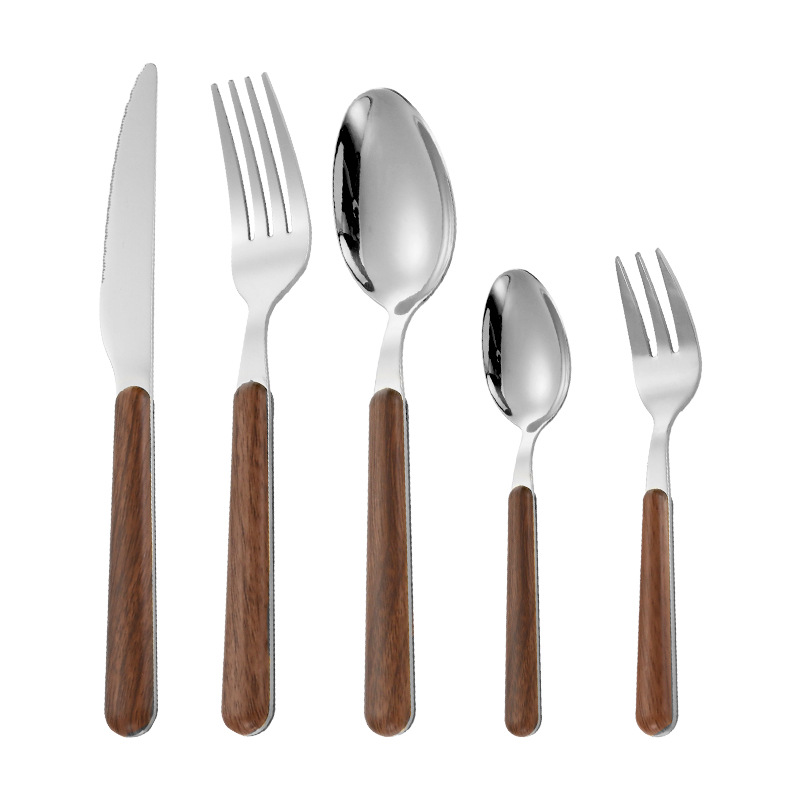 Celebridad de Internet transfronteriza ins imitación mango de madera filete cuchillo de acero inoxidable, tenedor y cuchara grano de madera Hotel cuchara chapada en oro vajilla de acero inoxidable