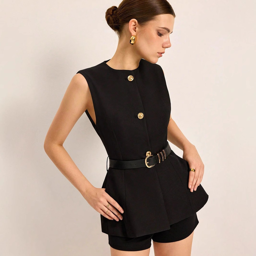 Women's Sleeveless Vest Round Neck Top With Waistband American Style Spring New Collection Regular Polyester_ecoleips.com