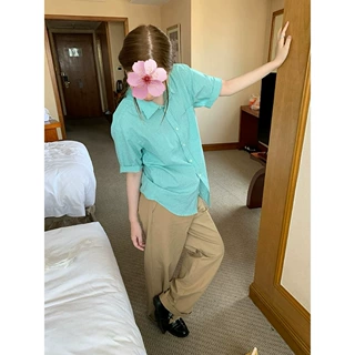 复古设计感小众格纹短袖衬衫女宽松显瘦休闲防晒上衣夏季