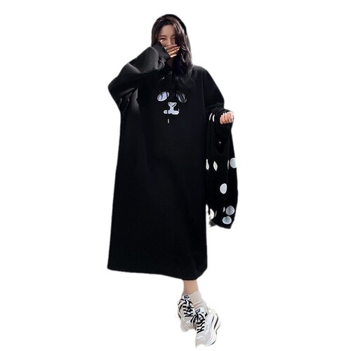 Knee-high long hoodie dress for women, winter loose Korean style ins, lazy style and velvet thick large size fried street dress