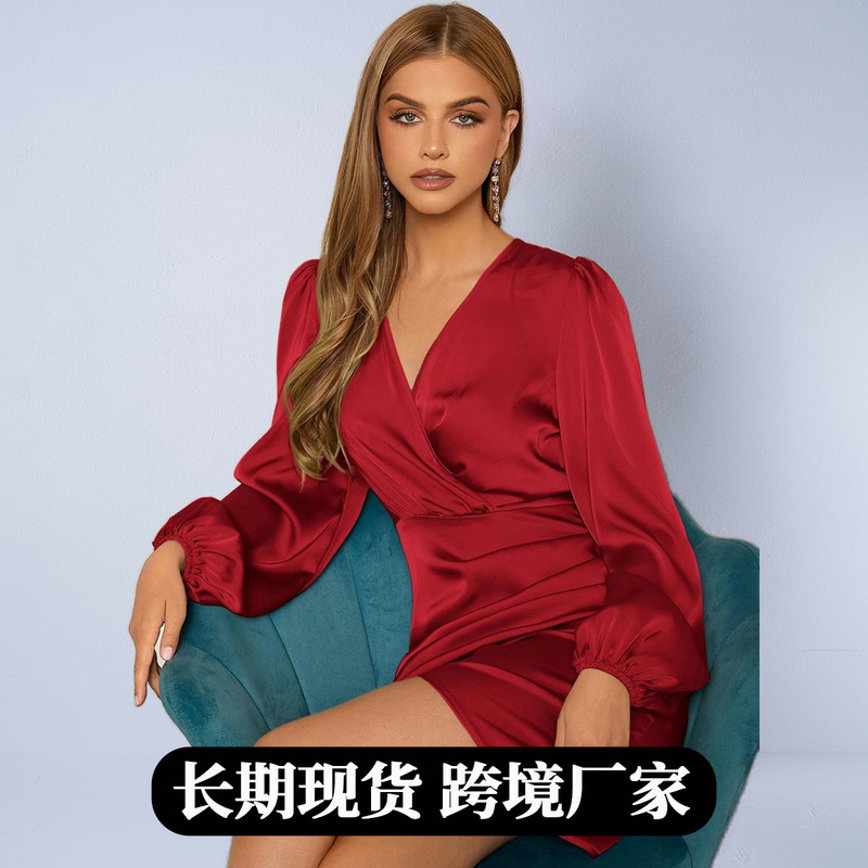 Foreign Trade European and American Fashion Trendy Women's Satin Dress, Autumn Cross-Over Long-Sleeve Elegant Slim-Fit Dress