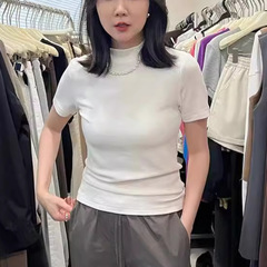 秋の女性用無地スリムフィットインナーシャツ、襟付き半袖カジュアルTシャツ、薄手で伸縮性のあるインナーウェア