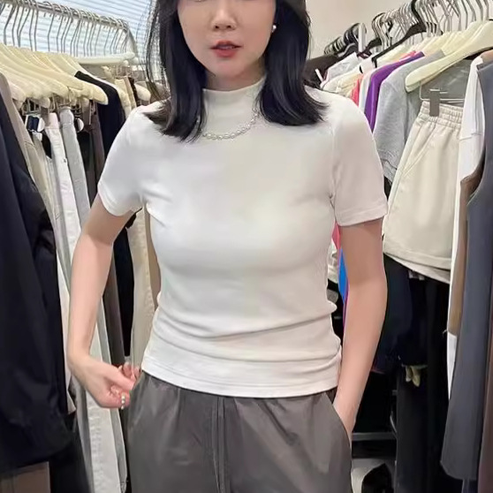 Boss Lady's Small Stand-Up Collar Short-Sleeve Women's Summer Solid Color Slim-Fit Base Shirt Casual T-Shirt Thin High-Elastic Inner Layer Base Shirt