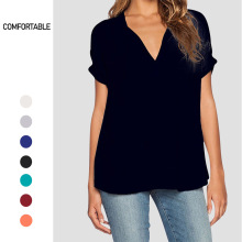夏季欧美时尚新款女装V领短袖前短后长宽松雪纺衫上衣衬衫女