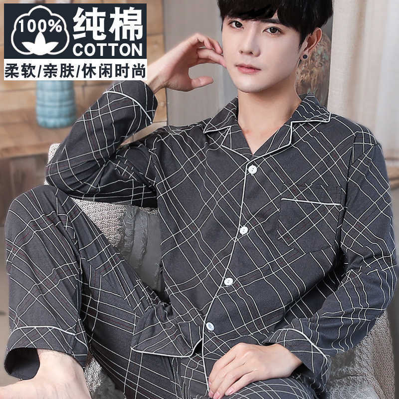 Pijamas 100% algodón de los hombres de manga larga pantalones de primavera y otoño de mediana edad suelta más tamaño desgaste del hogar traje de dos piezas