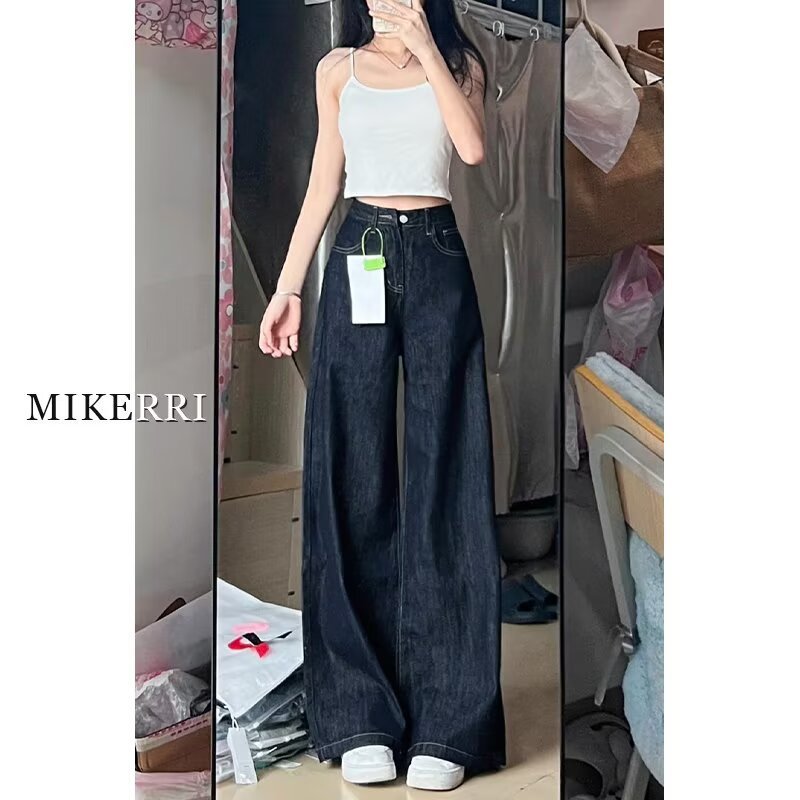 紺色のA版の大きい広脚のジーパンの女性の春の新型の高腰のゆったりとしている肉を隠しています。|undefined
