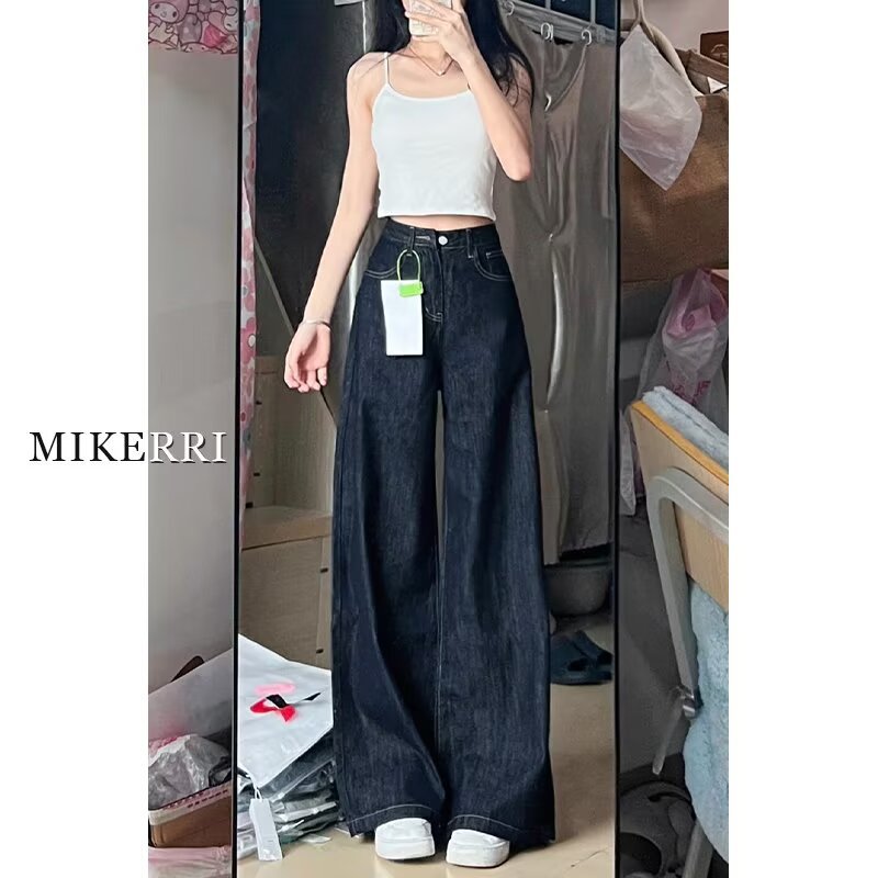 dark blue Version A Large Wide Leg Jeans Women's Spring New High Waist Loose Meat Covering Slimming Straight Leg Trousers